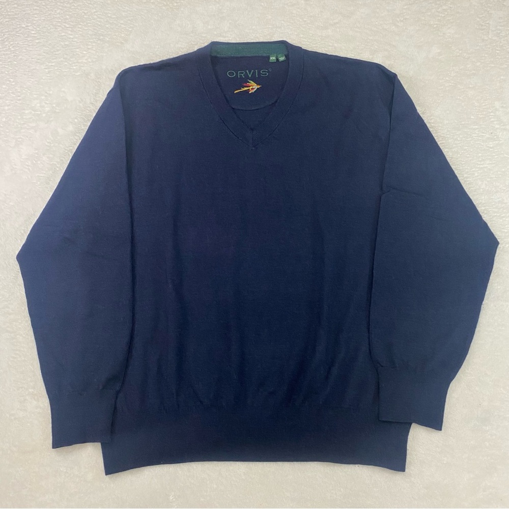 Orvis Mens 100% Merino Wool Sweater Navy Blue V-Neck Pullover Long Sleeve Sz XXL